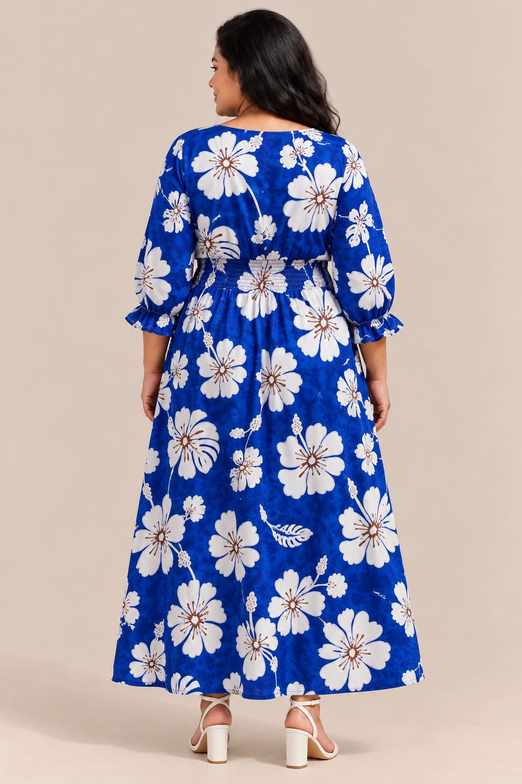 Women’s Blue Floral Maxi Dress – Tropical Print, V-Neck, Smocked Waist & Ruffle Sleeves
