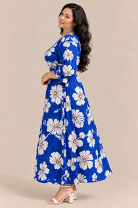 Women’s Blue Floral Maxi Dress – Tropical Print, V-Neck, Smocked Waist & Ruffle Sleeves