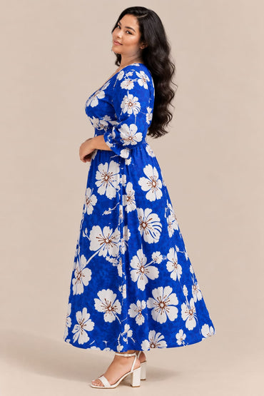 Women’s Blue Floral Maxi Dress – Tropical Print, V-Neck, Smocked Waist & Ruffle Sleeves
