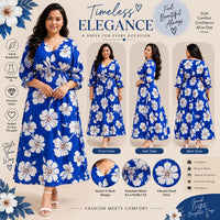 Women’s Blue Floral Maxi Dress – Tropical Print, V-Neck, Smocked Waist & Ruffle Sleeves