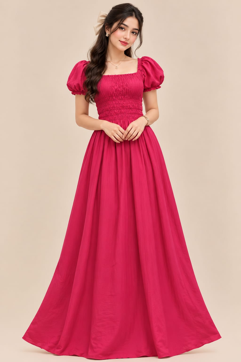 Women’s Pink Maxi Dress – Solid Fuchsia Color, Square Neck, Puff Sleeves & Smocked Waist