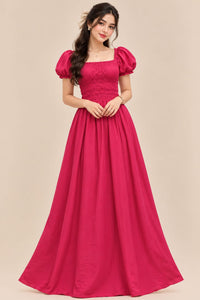 Women’s Pink Maxi Dress – Solid Fuchsia Color, Square Neck, Puff Sleeves & Smocked Waist