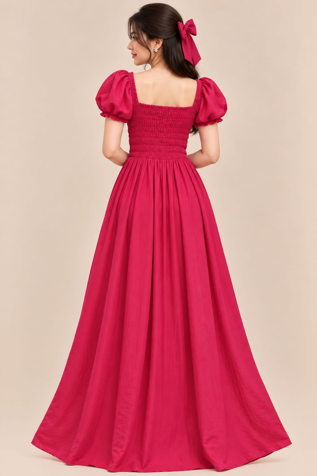 Women’s Pink Maxi Dress – Solid Fuchsia Color, Square Neck, Puff Sleeves & Smocked Waist