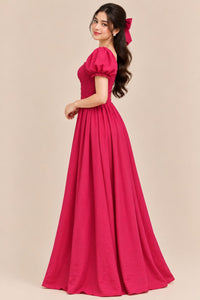 Women’s Pink Maxi Dress – Solid Fuchsia Color, Square Neck, Puff Sleeves & Smocked Waist