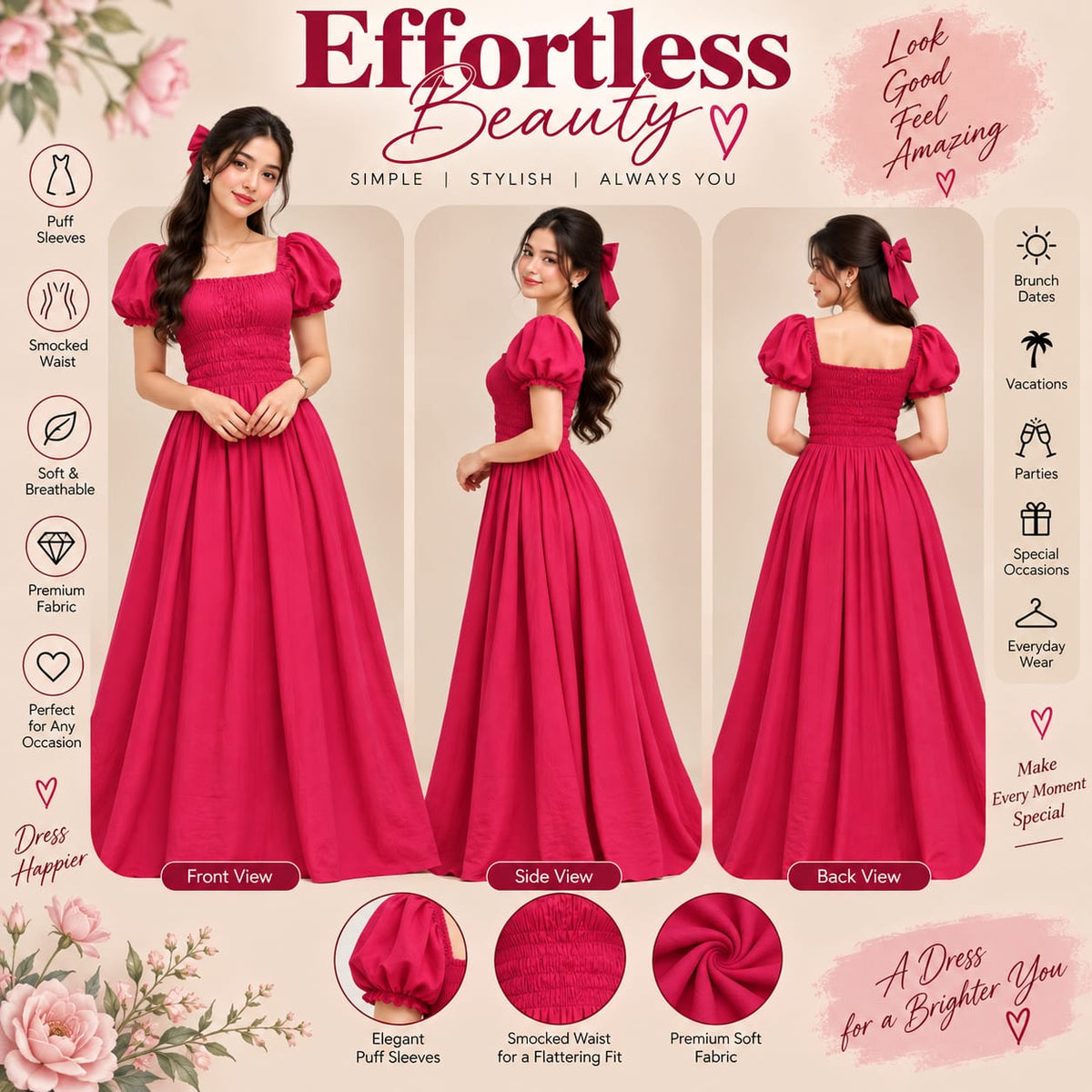 Women’s Pink Maxi Dress – Solid Fuchsia Color, Square Neck, Puff Sleeves & Smocked Waist