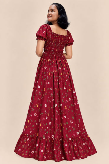 Women’s Burgundy Floral Maxi Dress – Square Neck, Puff Sleeves, Smocked Waist & Ruffle Hem