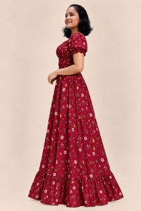 Women’s Burgundy Floral Maxi Dress – Square Neck, Puff Sleeves, Smocked Waist & Ruffle Hem