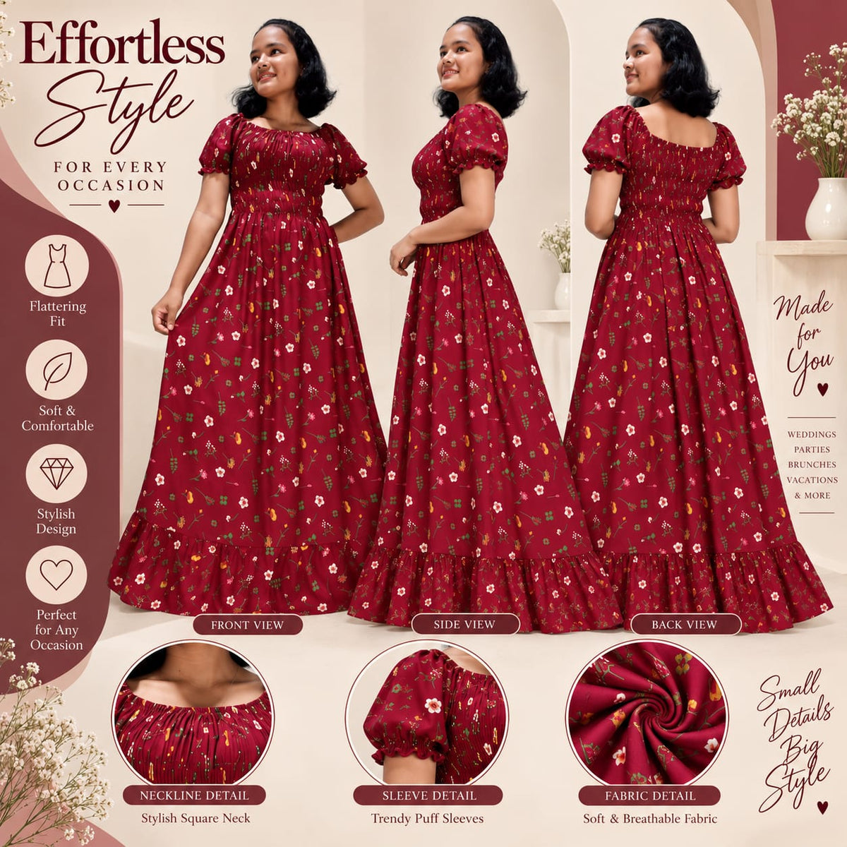 Women’s Burgundy Floral Maxi Dress – Square Neck, Puff Sleeves, Smocked Waist & Ruffle Hem