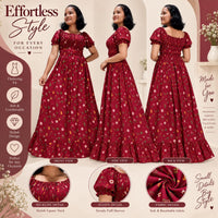 Women’s Burgundy Floral Maxi Dress – Square Neck, Puff Sleeves, Smocked Waist & Ruffle Hem