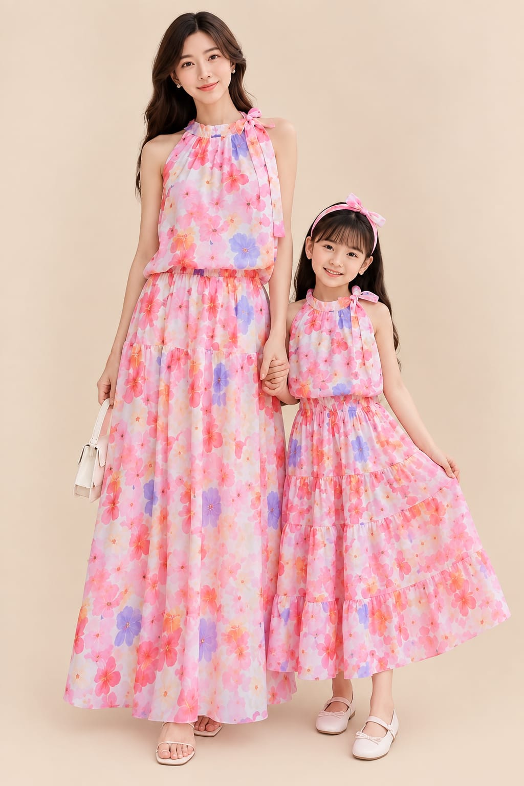Women’s & Girls’ Matching Floral Maxi Dresses – Pink Floral Print, Halter Neck & Tiered Skirt