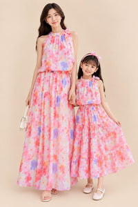 Women’s & Girls’ Matching Floral Maxi Dresses – Pink Floral Print, Halter Neck & Tiered Skirt