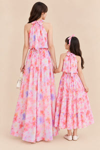 Women’s & Girls’ Matching Floral Maxi Dresses – Pink Floral Print, Halter Neck & Tiered Skirt