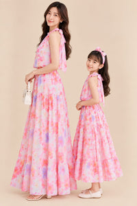 Women’s & Girls’ Matching Floral Maxi Dresses – Pink Floral Print, Halter Neck & Tiered Skirt