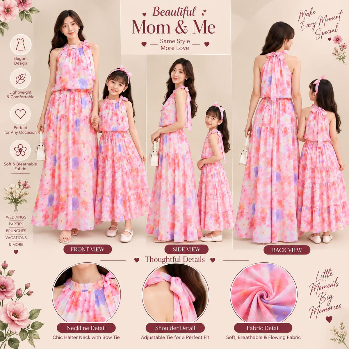 Women’s & Girls’ Matching Floral Maxi Dresses – Pink Floral Print, Halter Neck & Tiered Skirt