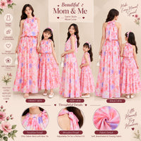 Women’s & Girls’ Matching Floral Maxi Dresses – Pink Floral Print, Halter Neck & Tiered Skirt