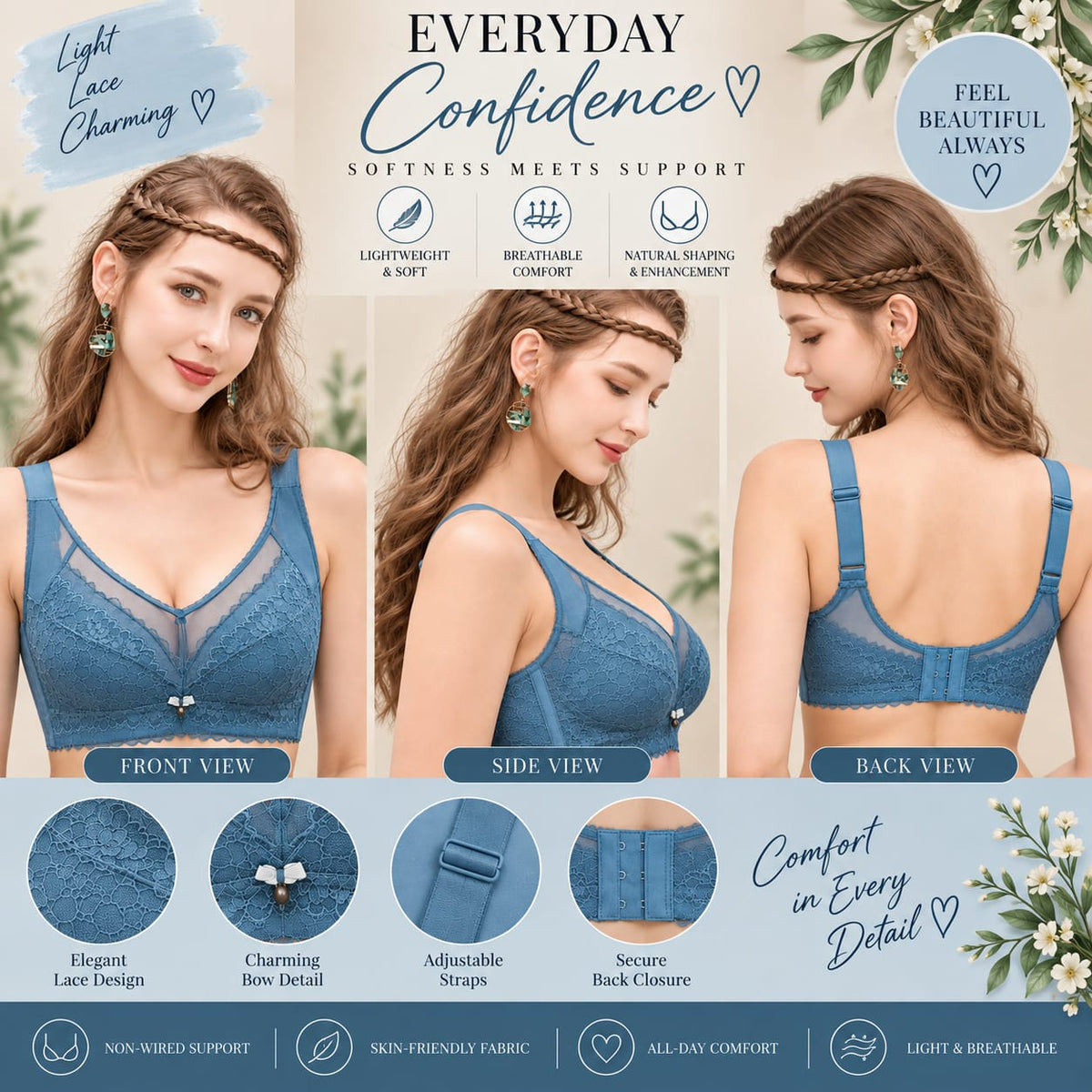 Women’s Blue Lace Bra – Wireless Support & Adjustable Straps