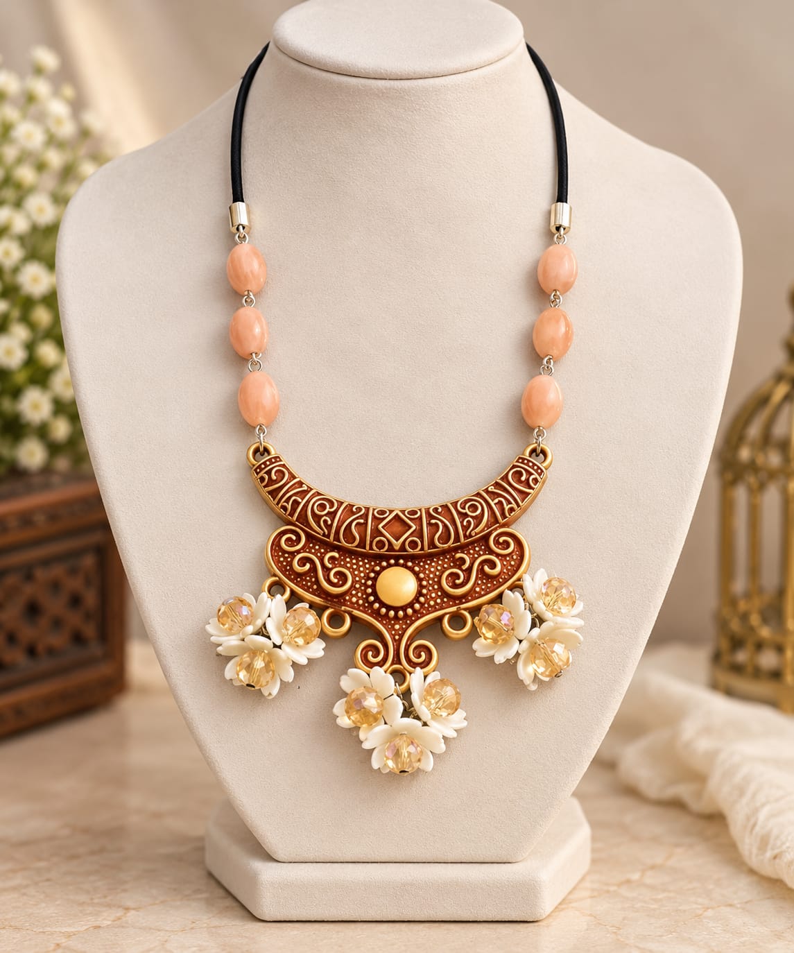 Peach & Gold Floral Statement Necklace