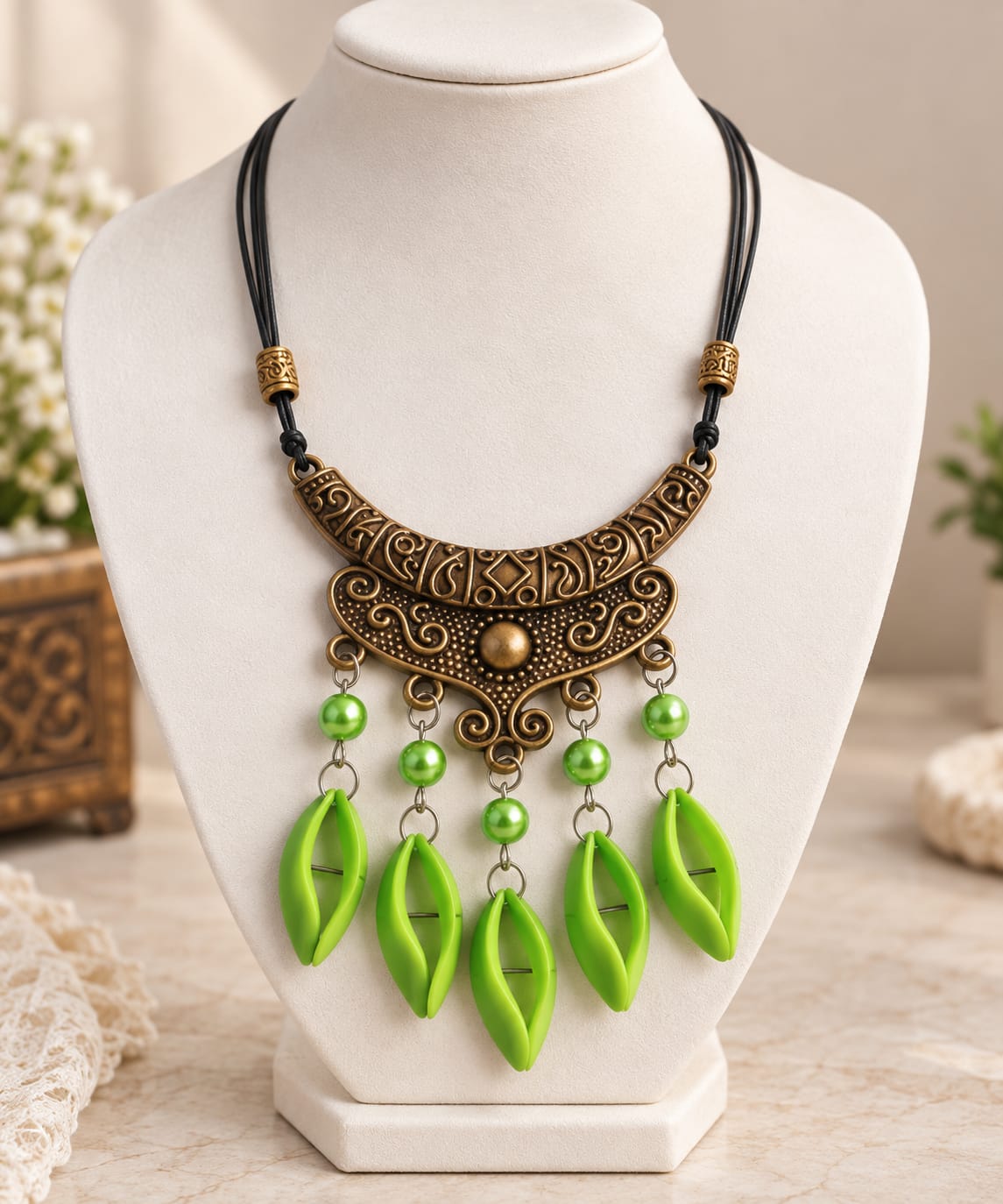Green & Gold Boho Statement Necklace