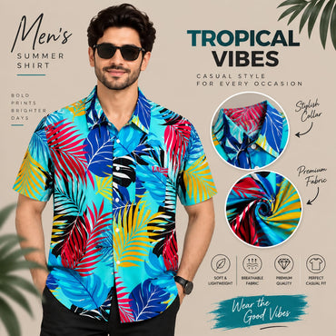 Men’s Tropical Leaf Print Shirt – Short Sleeve Casual Summer Shirt