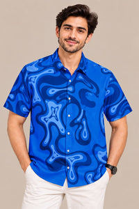 Men’s Blue Abstract Print Short Sleeve Shirt – Casual Summer Shirt