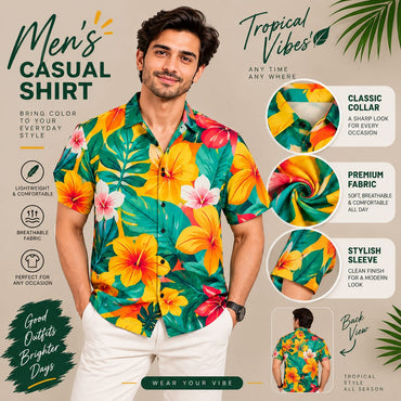 Men’s Tropical Floral Print Shirt – Short Sleeve Casual Summer Shirt