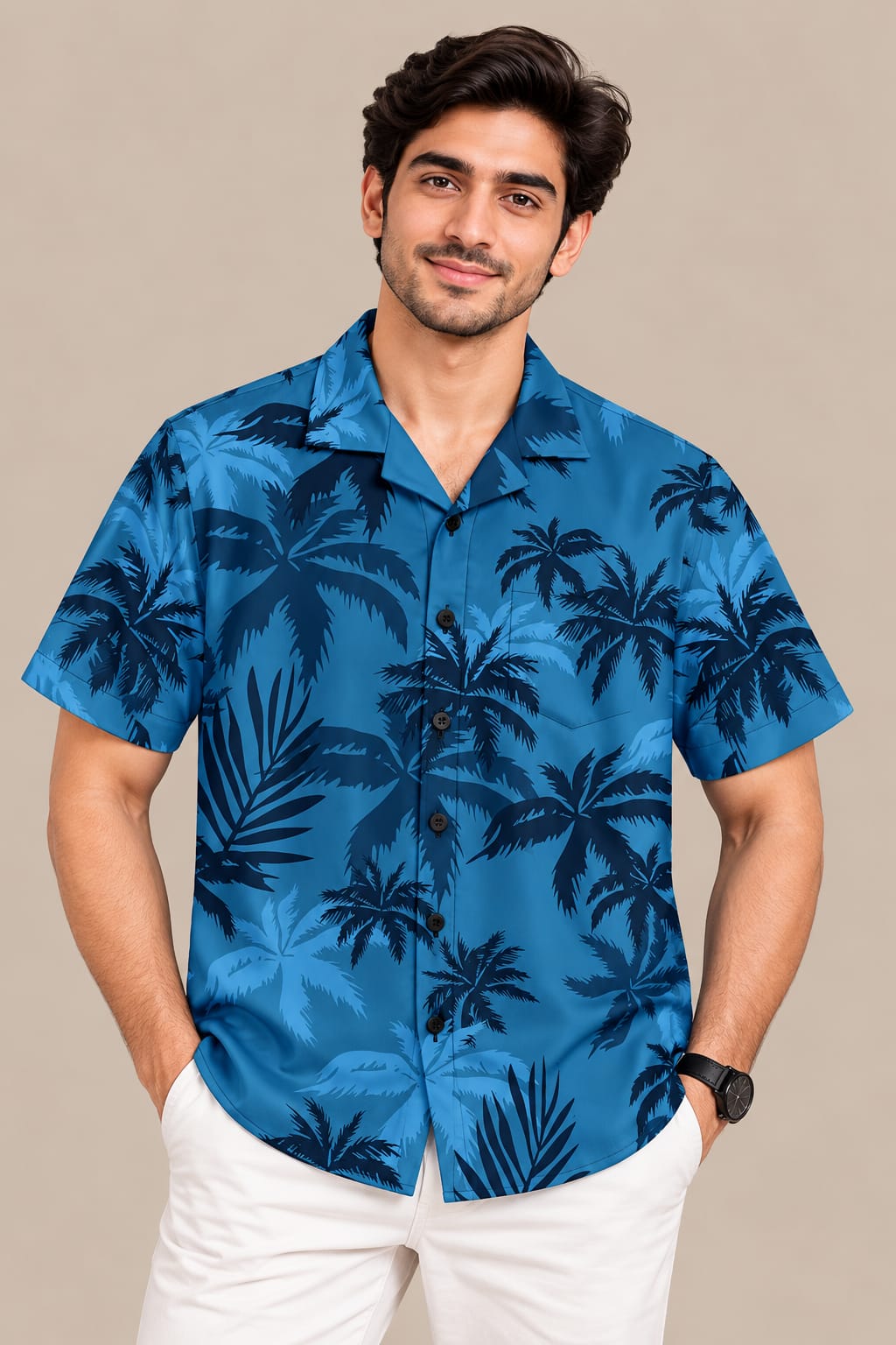 Men’s Blue Palm Print Shirt – Short Sleeve Casual Summer Shirt