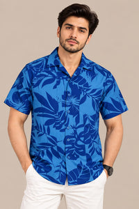 Men’s Blue Tropical Leaf Print Shirt – Short Sleeve Casual Shirt