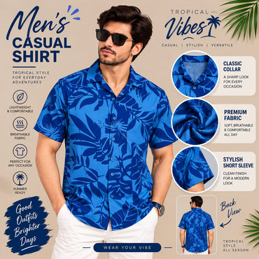 Men’s Blue Tropical Leaf Print Shirt – Short Sleeve Casual Shirt