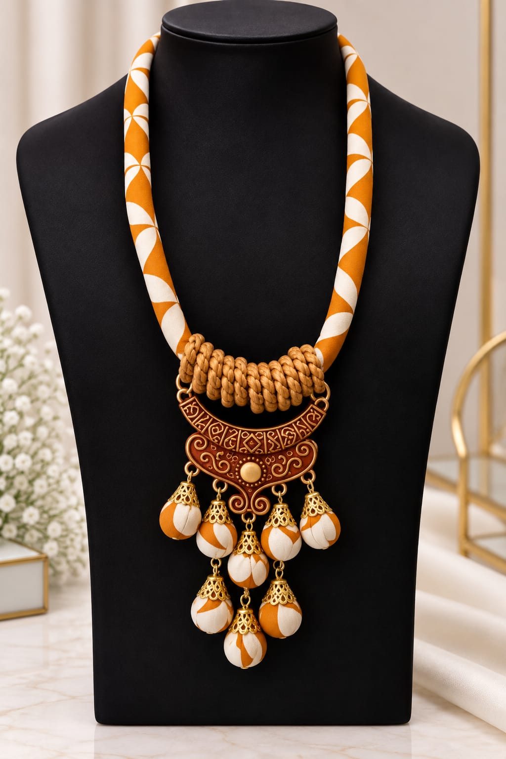 Orange & Gold Statement Pendant Necklace