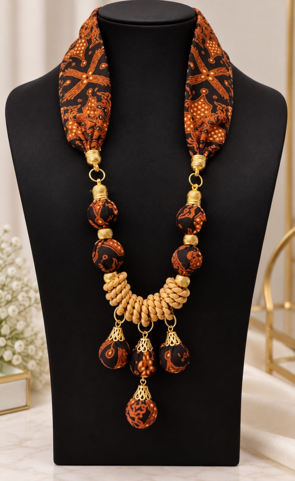 Black & Orange Batik Statement Necklace