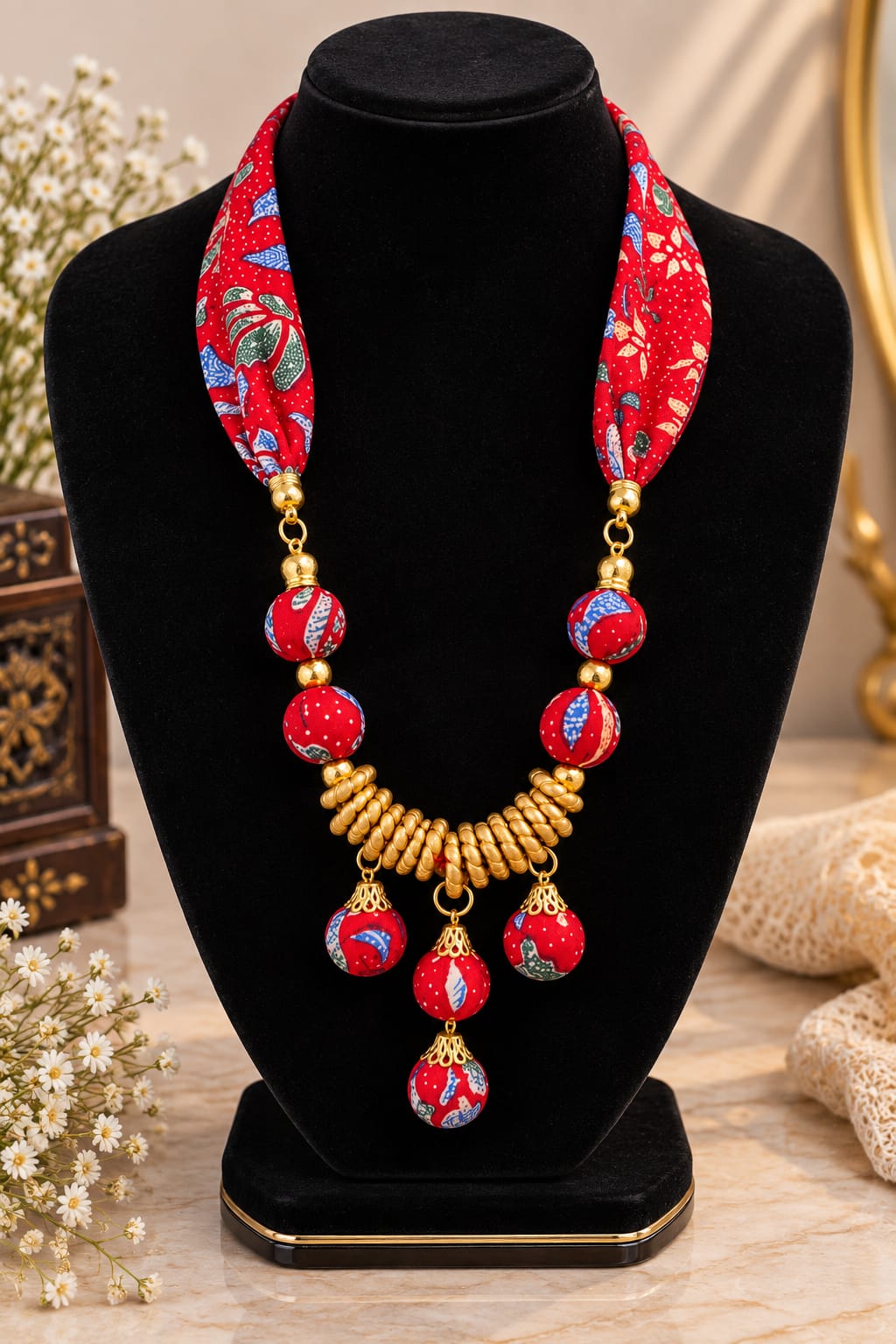 Red Floral Beaded Statement Necklace