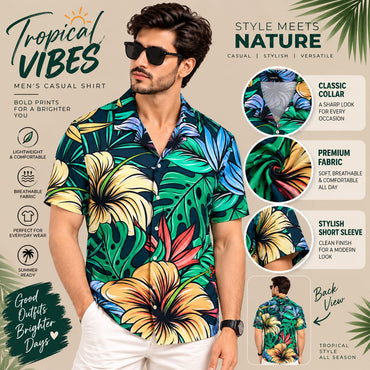 Men’s Tropical Floral Print Hawaiian Shirt – Short Sleeve Casual Summer Shirt