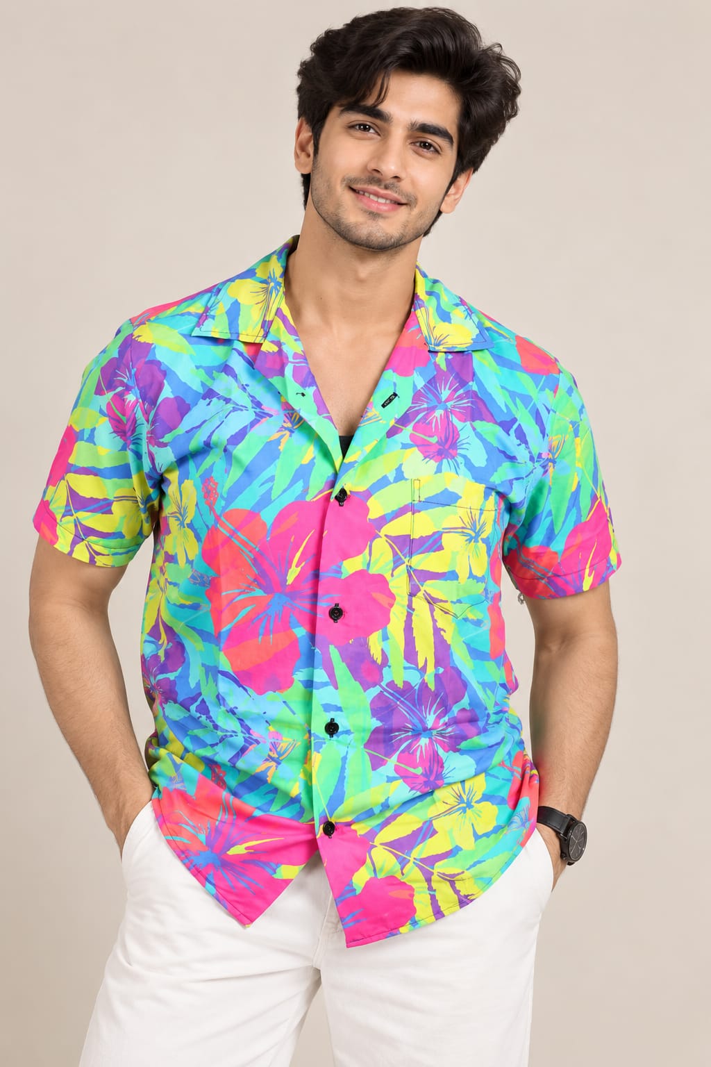 Men’s Colorful Tropical Floral Print Shirt – Short Sleeve Casual Shirt