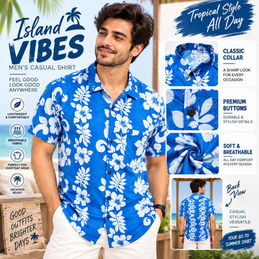 Men’s Blue Floral Hawaiian Shirt – Short Sleeve Casual Summer Shirt
