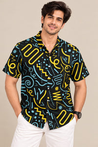 Men’s Black Geometric Print Shirt – Short Sleeve Casual Summer Shirt