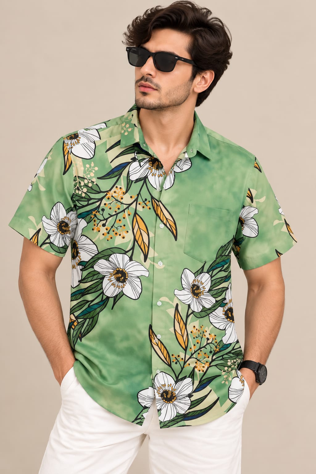 Men’s Green Floral Print Shirt – Short Sleeve Casual Summer Shirt