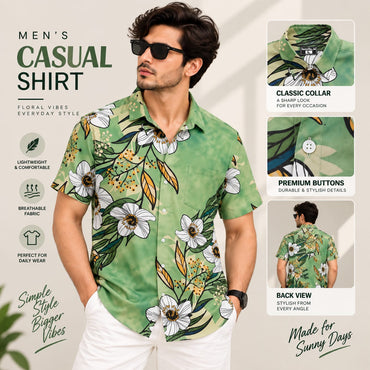 Men’s Green Floral Print Shirt – Short Sleeve Casual Summer Shirt