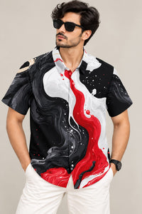 Men’s Black Red Marble Print Shirt – Short Sleeve Casual Shirt