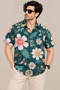 Men’s Teal Floral Print Shirt – Short Sleeve Casual Hawaiian Shirt