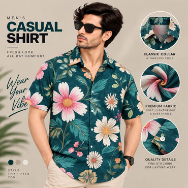 Men’s Teal Floral Print Shirt – Short Sleeve Casual Hawaiian Shirt