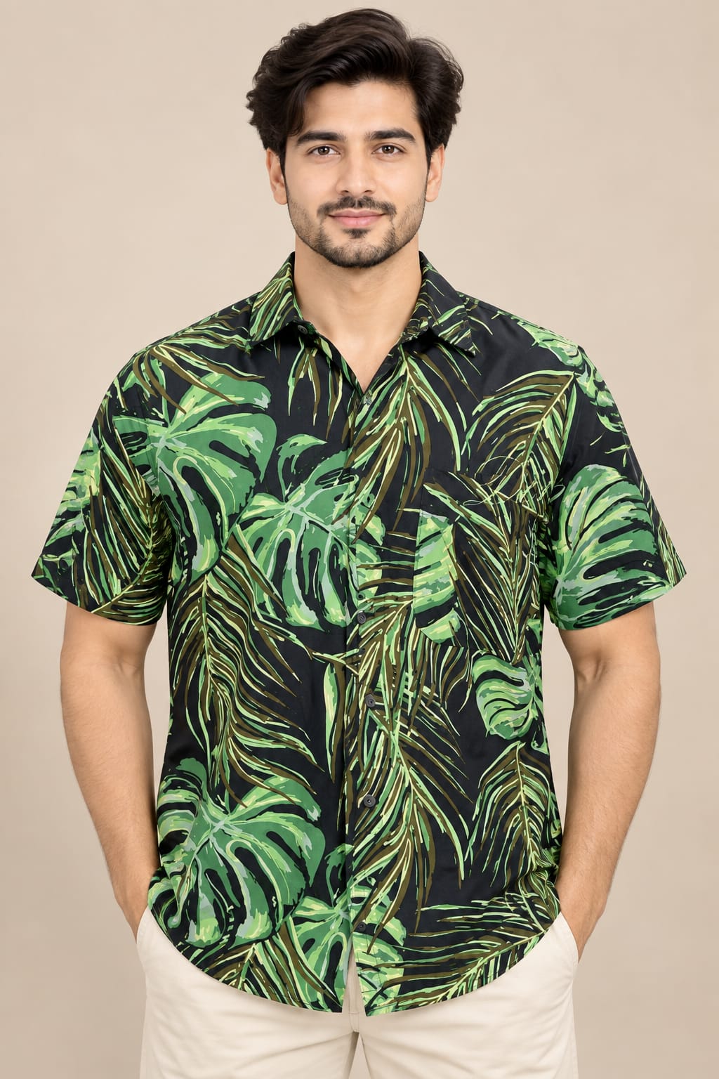 Men’s Green Tropical Leaf Print Casual Shirt