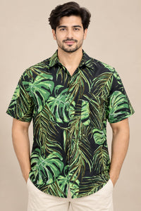 Men’s Green Tropical Leaf Print Casual Shirt
