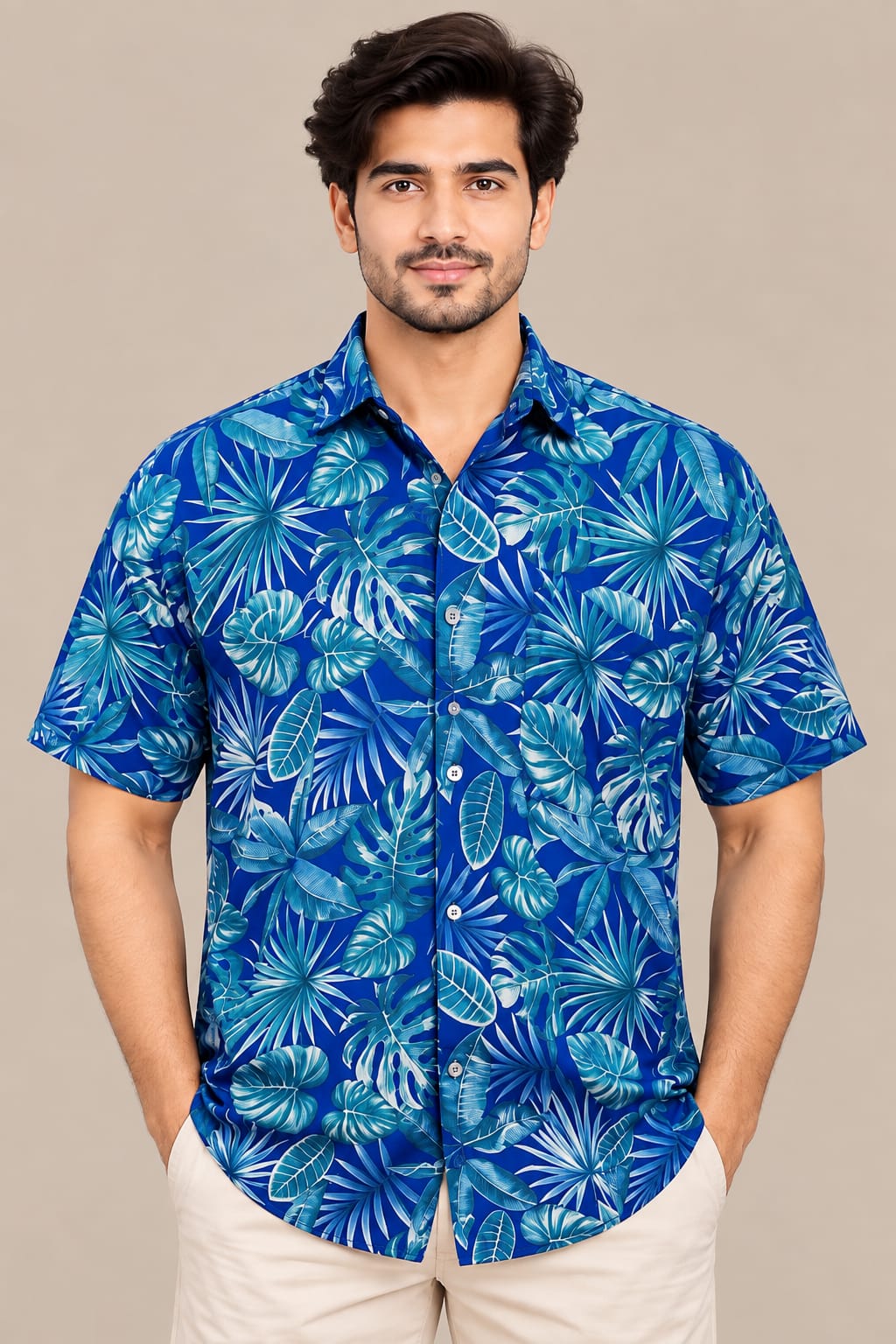 Men’s Blue Tropical Leaf Print Casual Shirt