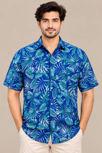 Men’s Blue Tropical Leaf Print Casual Shirt