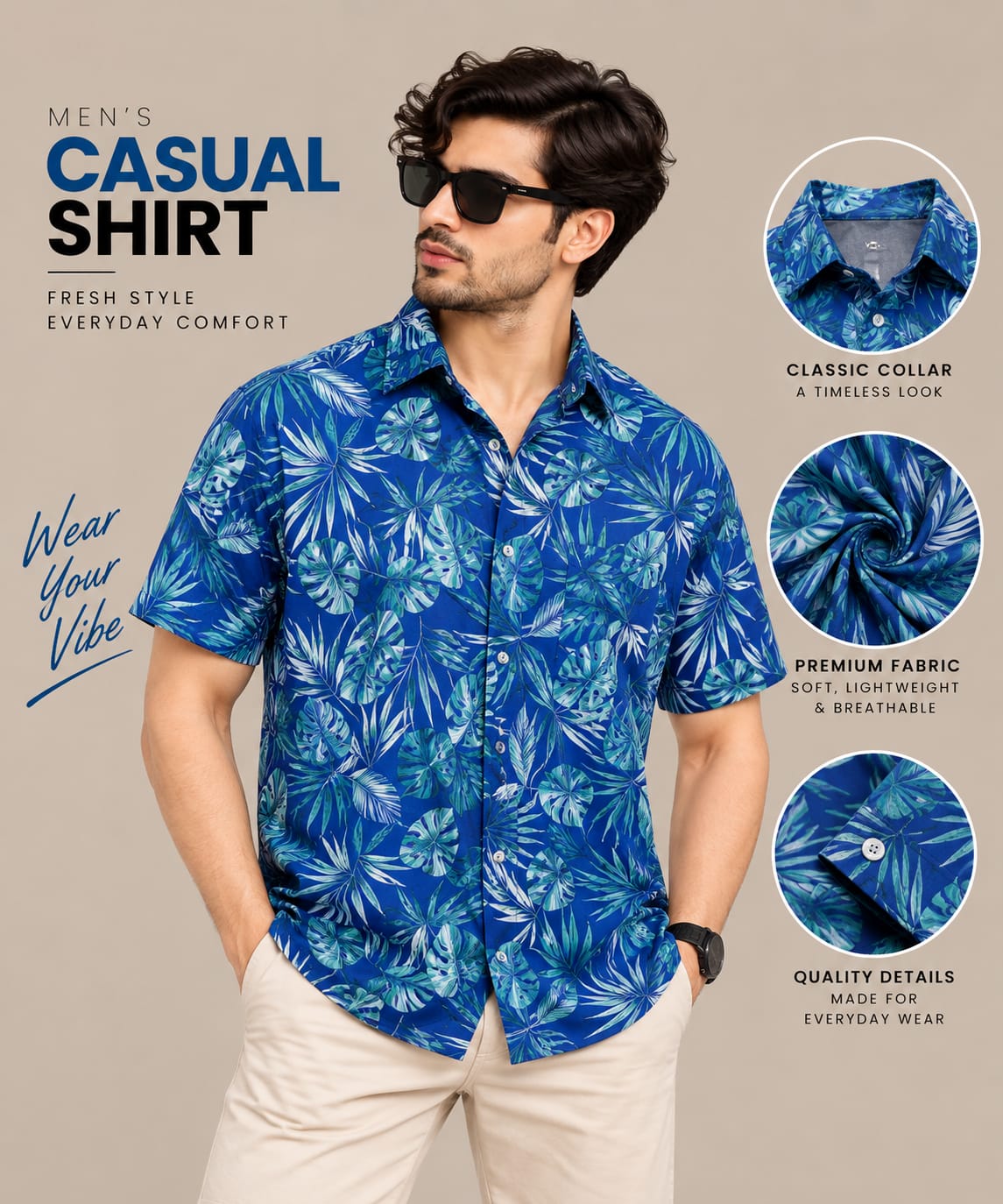 Men’s Blue Tropical Leaf Print Casual Shirt