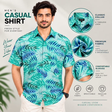 Men’s Tropical Leaf Print Casual Shirt – Short Sleeve Hawaiian Shirt