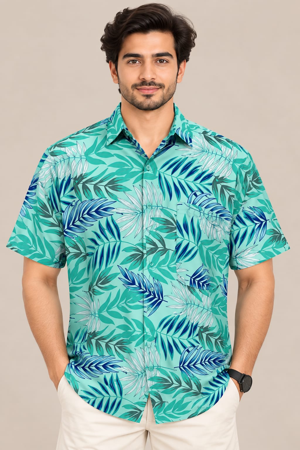 Men’s Tropical Leaf Print Casual Shirt – Short Sleeve Hawaiian Shirt