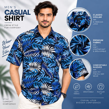 Men’s Blue Tropical Leaf Print Casual Shirt – Short Sleeve Shirt