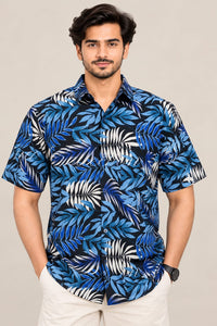 Men’s Blue Tropical Leaf Print Casual Shirt – Short Sleeve Shirt