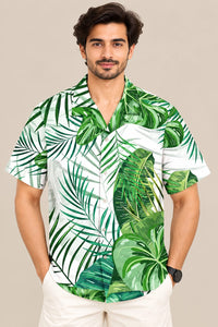 Men’s White & Green Tropical Leaf Print Casual Shirt